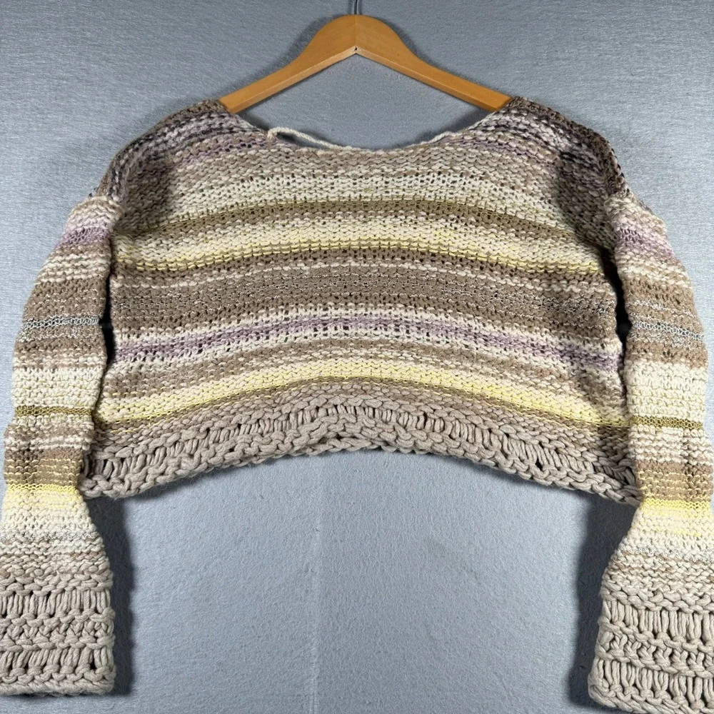 Free People Chunky Knit Striped Cropped Sweater Tan Cream Wool Blend S/P